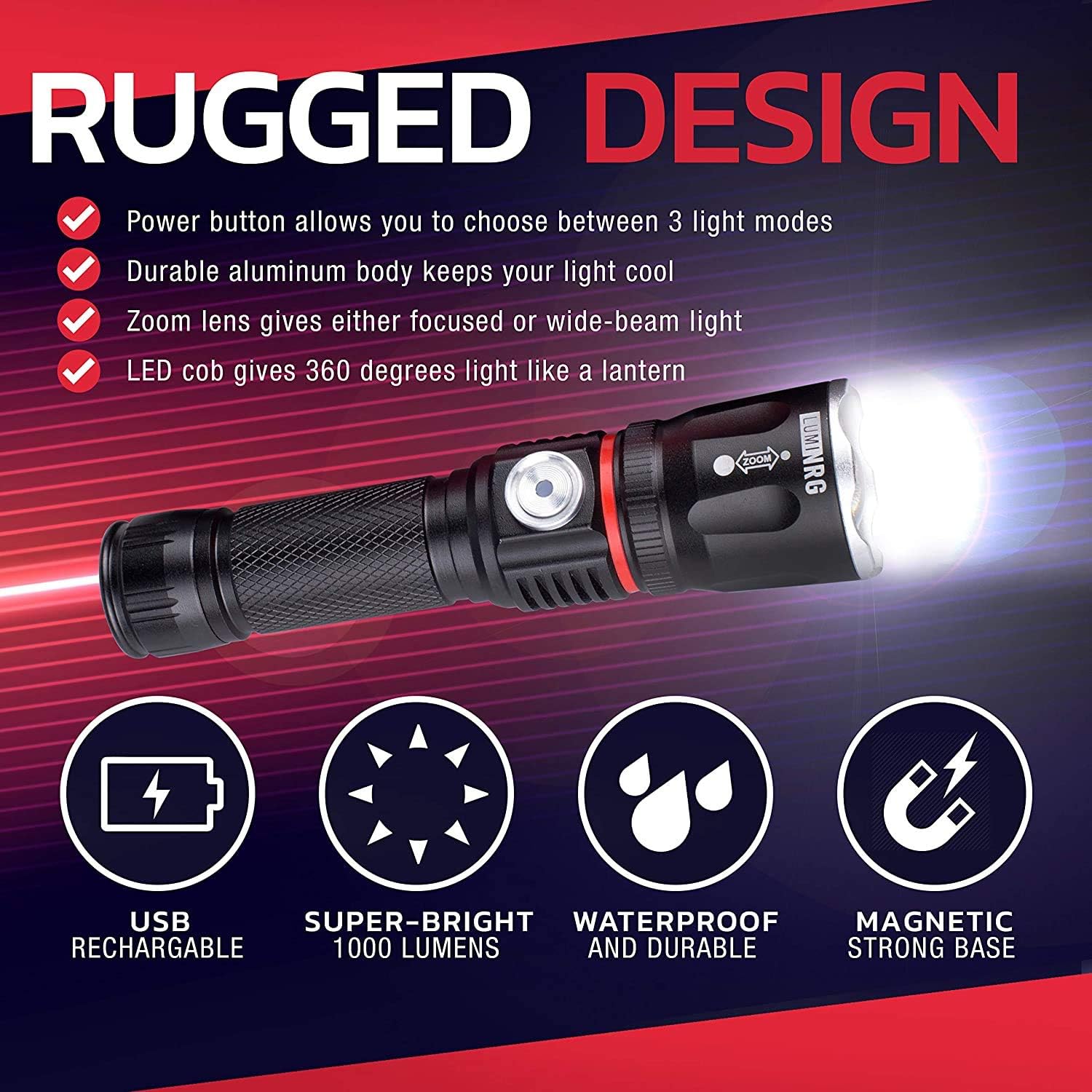 LumiNRG Tactical Flashlight Rechargeable High Powered 1000 Lumens LED Light - Zoomable, 4 Modes with COB Lantern Mode - Magnetic Base, Waterproof Ultra-Bright for Police, Emergency, Work, Hiking - - 