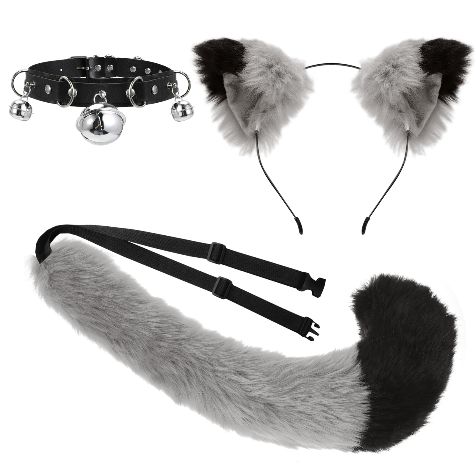 XEPST Faux Fur Cat Ears and Tail Set - Cat Cosplay Costumes Accessories Kit with Ears Headband, Bell Choker, Tail for Animal Dress Up, Fancy Dress, Halloween Role Play, Party Costume