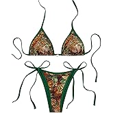 WDIRARA Women's Leopard String Bikini Set Halter Triangle Swimsuit Contrast Trim 2 Piece Bathing Suit