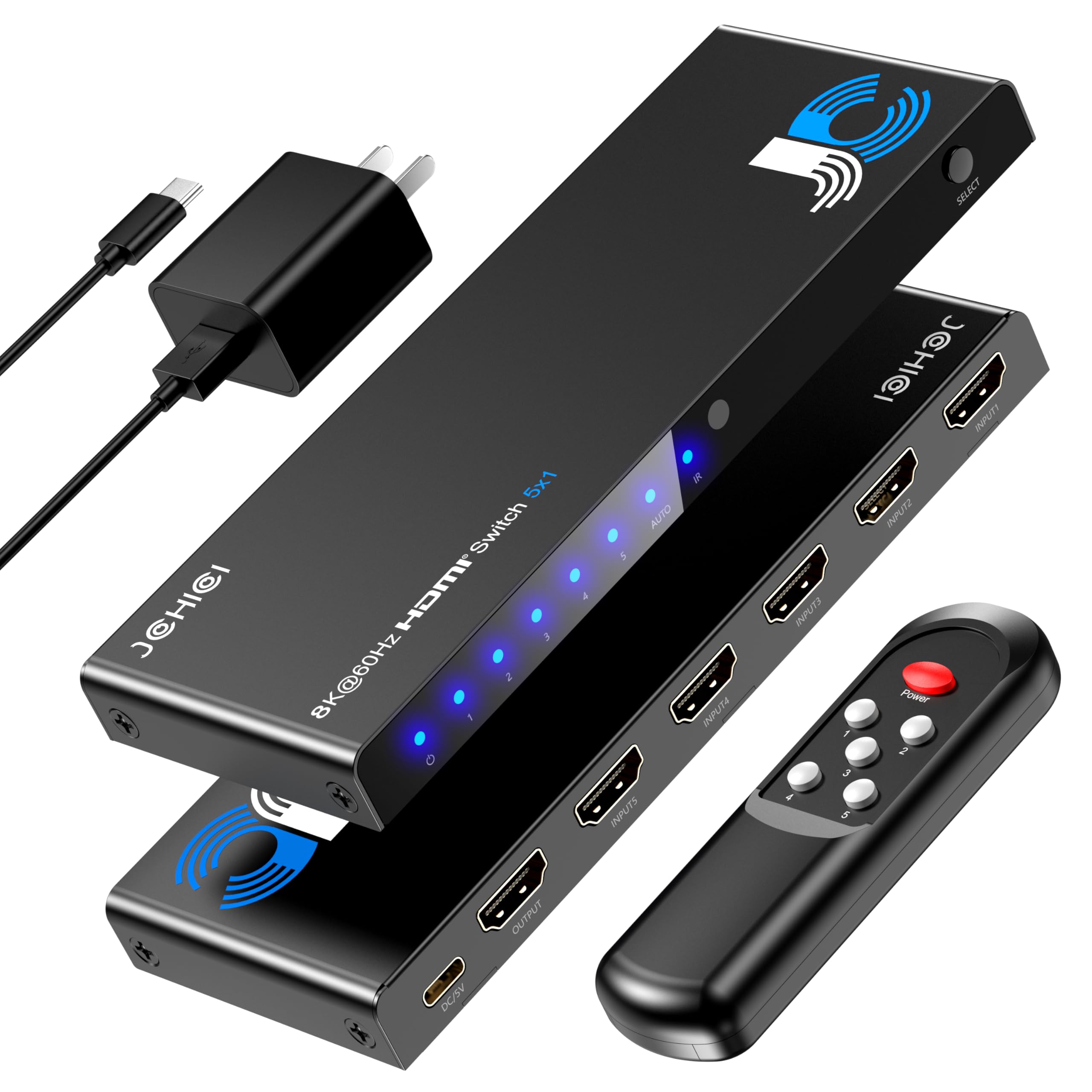 Photo 1 of JCHICI HDMI Switch 5 in 1 Out 8K@60Hz 4K@120Hz - HDMI 2.1 Switcher with Remote, Auto-Switching - Supports HDCP 2.3, HD R10, Dolby Vision, 3D, VRR - Compatible with PS5/Xbox/PC/Blu-ray Player