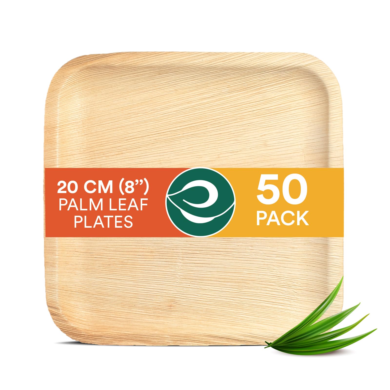 ECO SOUL Palm Leaf Plates 8”(20cm) 50 Square Bamboo Plate I Eco Friendly, Biodegradable, Compostable Heavy-Duty Plate, Disposable Plates for Dinner, Party & Events