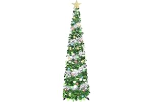 HMASYO 5 FT Pop Up Christmas Tree with Timer Colorful Lights - Green Sliver Tinsel Skinny Christmas Tree, Collapsible Artificial Pencil Tree Holiday Decoration for Home, Apartment, Office, Party