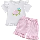 WNGECAT Toddler Baby Girl 2PCS Turtle Embroidered Short Sleeve Tops Elastic Waist Shorts Outfits Set