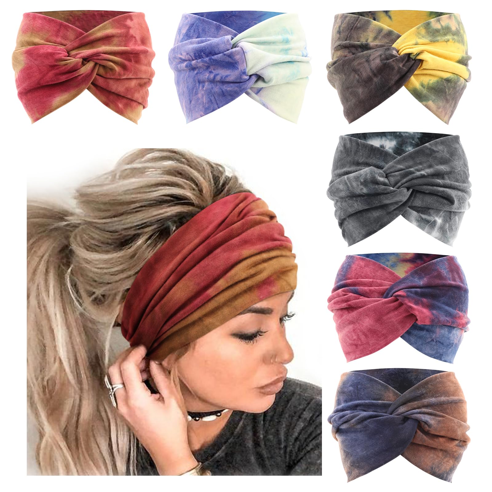 DRESHOW 6 Pack Wide Headbands for Women Extra Large Turban Headband Boho Head Wrap Elastic Hairbands Hair Twisted Knot Hair Accessories
