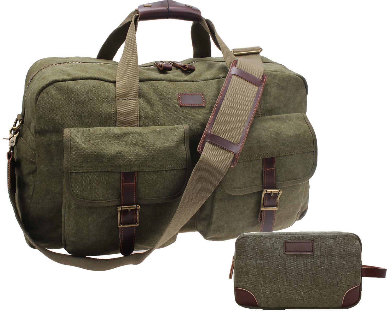 21in X-Large Durable Canvas Weekend Travel Tote Genuine Leather Trim Carryon Handbag Overnight Bag Sports Duffel Shoulder Bag Gym Tote With Pockets