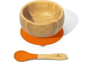 Avanchy Bamboo Baby Bowl with Spoon and Removable Silicone Suction Base – Non-Toxic, BPA-Free Feeding Bowl for Babies and Toddlers – Natural Bamboo Suction Bowl, Orange