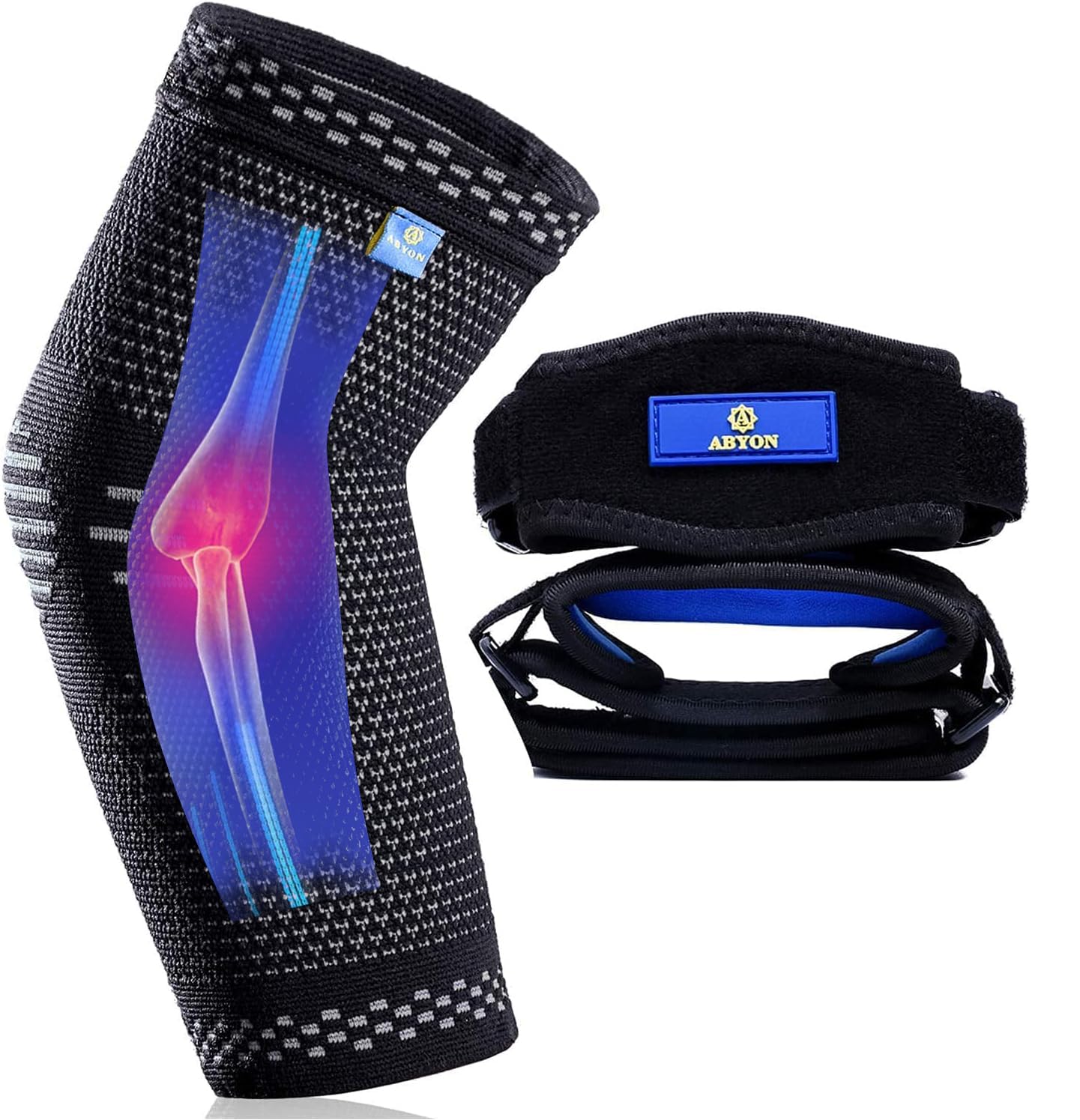 ABYON Elbow Support for Men and Women, Compression Sleeve (1 Piece) + Tennis Support Straps (2 Pieces) for Tennis, Arthritis, Golfers, Tendonitis, Sports, Gym (Black, XL)
