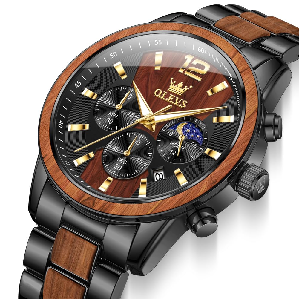 OLEVS Men's Watch Analogue Quartz Wooden Wristwatches Luxury Dress Chronograph Stainless Steel Waterproof Luminous Watches Men's Gift