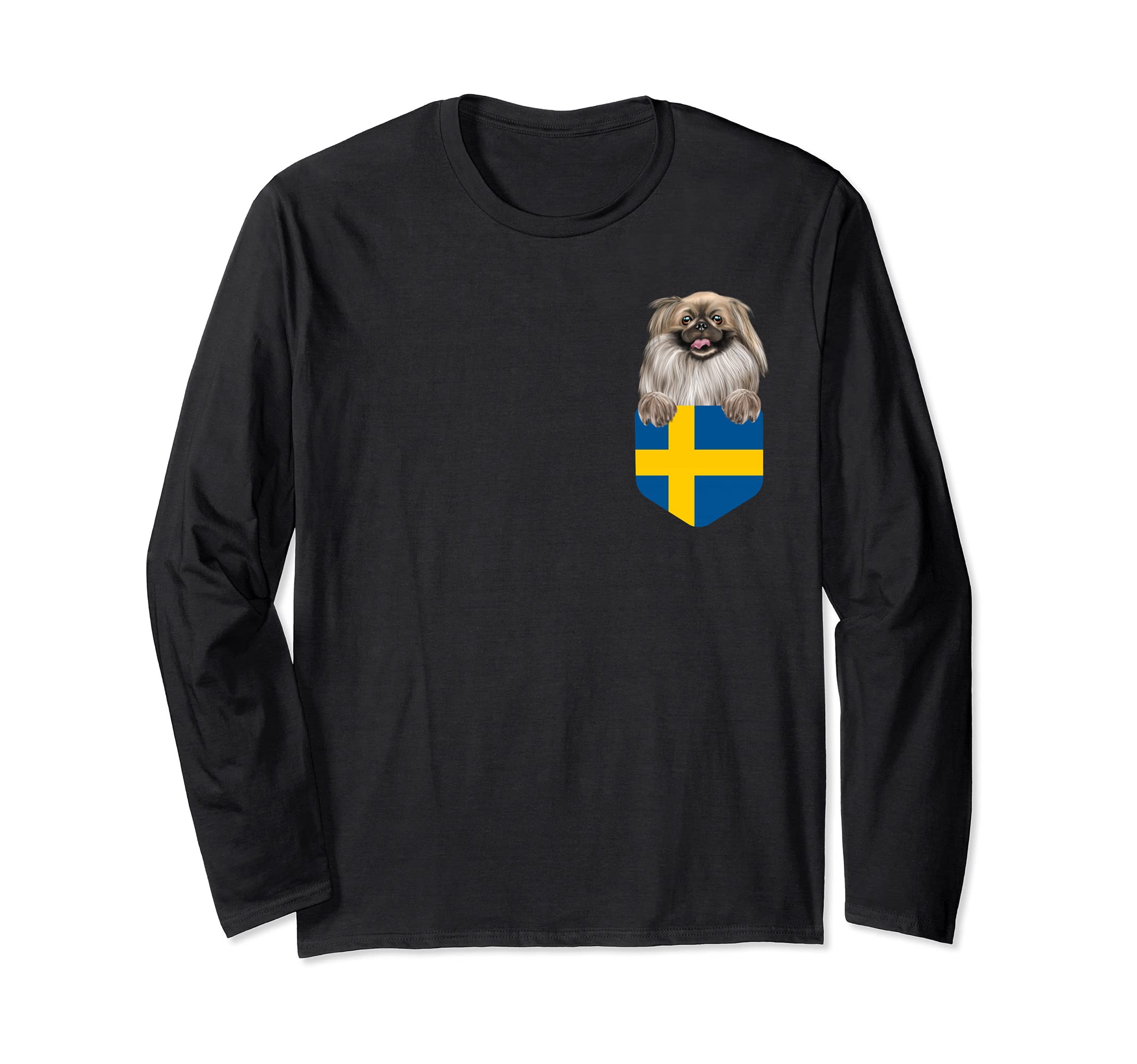 Sweden Flag Pekingese Dog In Pocket Long Sleeve T-Shirt