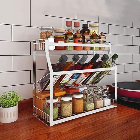 Amazon 多機能スタンディングスパイスラック 3層 4層傾斜金属調味料調味料ラック キッチンカウンター調味料オーガナイザー キッチン用瓶瓶収納 ホルダー ダイニングルームの収納 D 調味料 スパイスラック オンライン通販