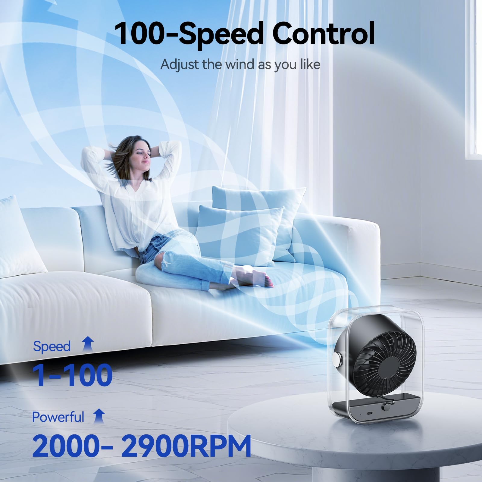 USB Desk Fan, Quiet Table Fan with Turbo Airflow, 100 Speeds, Digital Display, 90° Rotating, Small Rechargeable Battery Desktop Fans for Bedroom Home Office Travel, Black