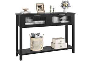 Rustic 43" Brown Wood Console Table with 2 Glass Drawers – 2-Tier Narrow Sofa Side Table, Open Storage Shelf for Living Room/