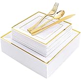 WDF 125pcs Gold Plastic Plates Set - Fall Plastic Plates Gold Rimmed Dinner & Salad Plate, Silverware (25 Forks, Knives, Spoons) for Party Wedding Valentine's Day