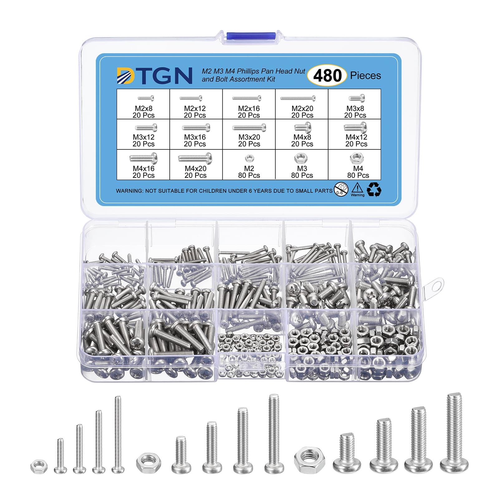 DTGN 480Pcs Machine Screws Assortment Kit, M2 M3 M4 Phillips Pan Head Nut and Bolt Assortment Kit, 8/12/16/20mm Metric Bolt Assortment, 304 Stainless Steel Bolt Assortment