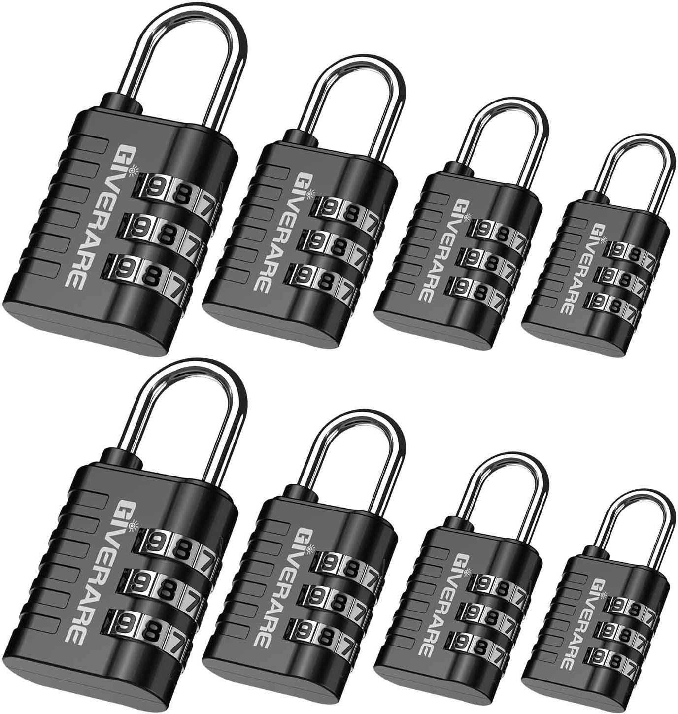 GIVERARE 8 Pack Combination Lock, 3-Digit Padlock Keyless, Resettable Luggage Locks for Backpack, Gym & School & Employee Locker, Weatherproof Travel Lock for Fence, Backyard Gate, Hasp, Case-Black - - 