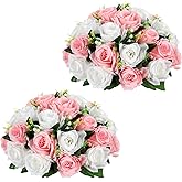 Briful Fake Floral Balls for Centerpieces - 2PCS 11.8" Large Faux Rose Flower Arrangement Silk Flower Bouquet for Home Wedding Party Anniversary Table Vase Flower Stand Decor(White Pink)