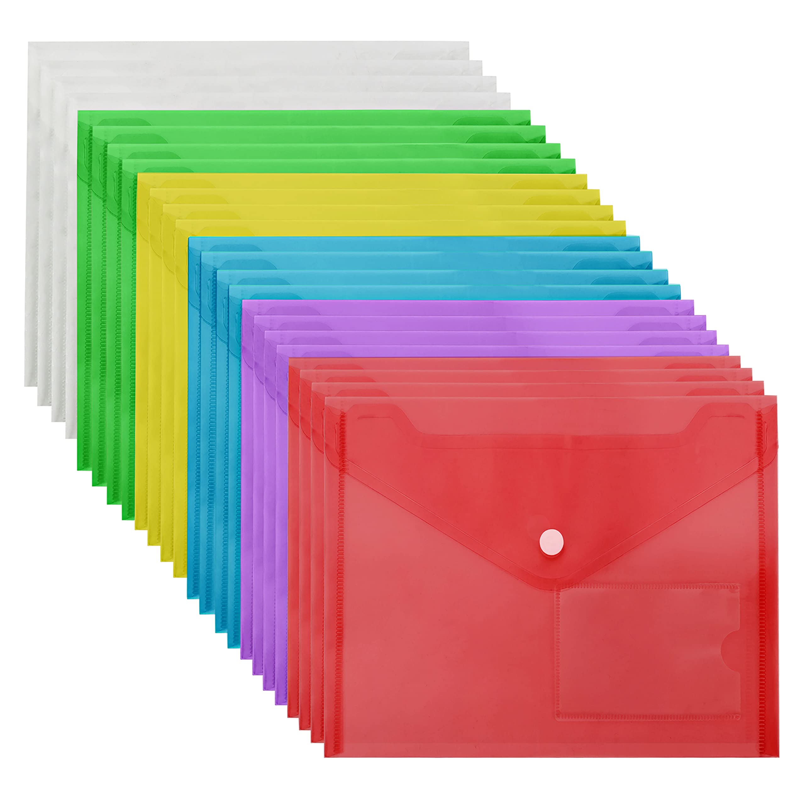 Belle Vous A5 Clear Plastic Wallets (24 Pack) - Assorted Wallet Colours with Button Popper Closure & Card Label Pocket - Home, Office & School Organisation - Paperwork, Document & Envelope Folder