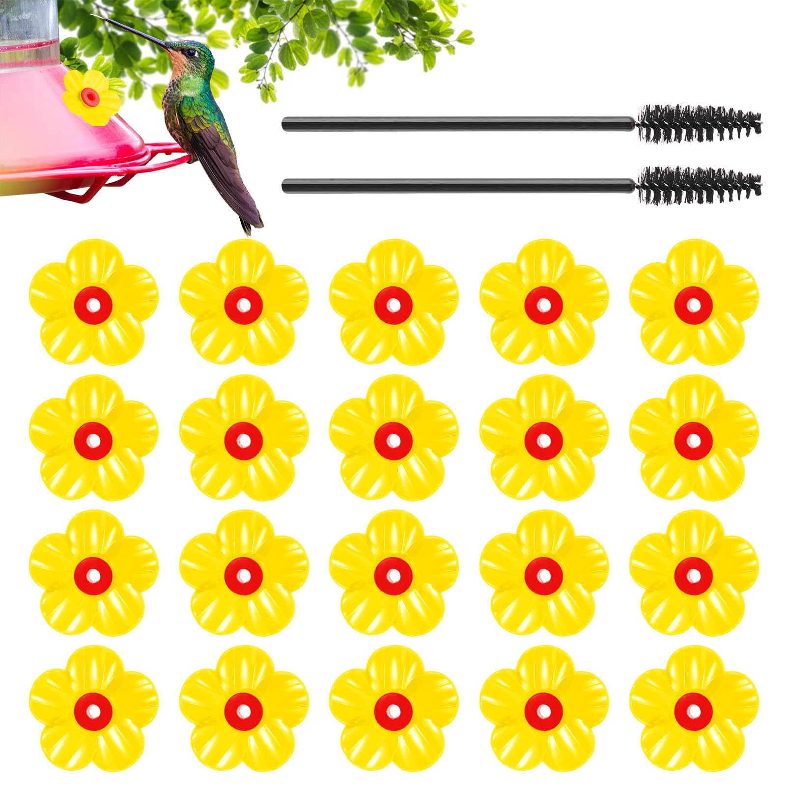 Photo 1 of 20PCS Hummingbird Feeders Replacement Flowers Pet Humming Bird Feeder Replacement Parts with 2 PCS Brush, Feeding Ports Bee Guards Accessories for Outdoors Hanging Feeder (Yellow)