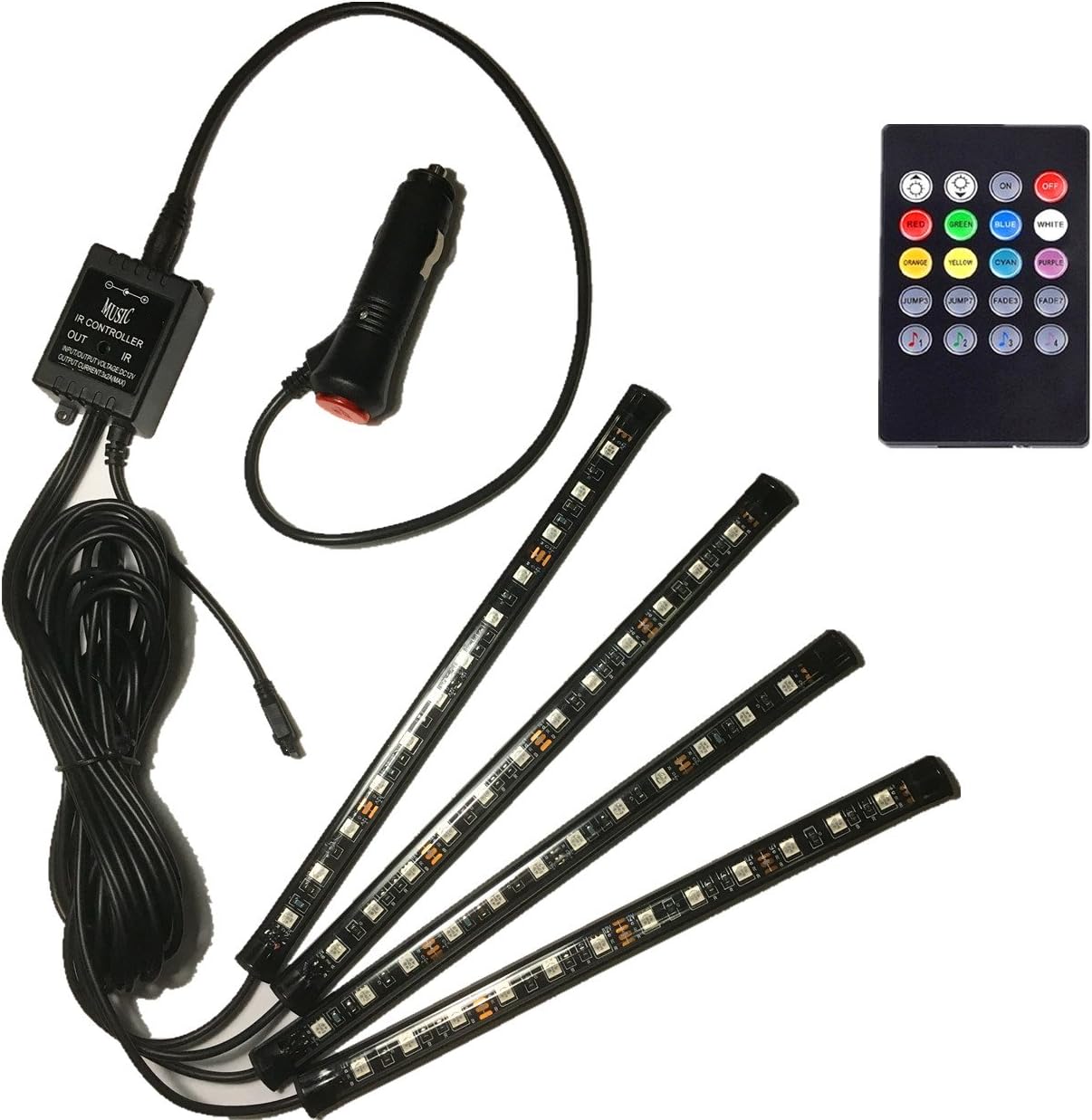 Safe View Car LED Strip Light, 4pcs 48 LED DC 12V Multicolor Music Car Interior Light LED Under Dash Lighting Kit with Sound Active Function and Wireless Remote Control, Car Charger