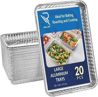 Rollay 20 Pack Large Aluminium Foil Trays 32x20x3.3cm for Cooking & BBQ