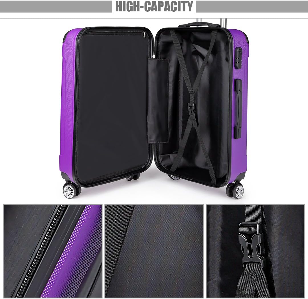 Kono Carry on Cabin Suitcase 55x35x20cm Lightweight Hard Shell ABS Hand Luggage with 4 Spinner Wheels (Purple) - Image 5