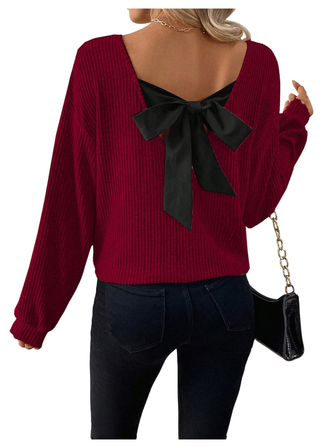 Photo 1 of **USED**BEAUDRM Women's Fall Tunics V Neck Bow Tops Lightweight Sweater Long Sleeve Ribbed Knit Oversize T-Shirt Burgundy Small