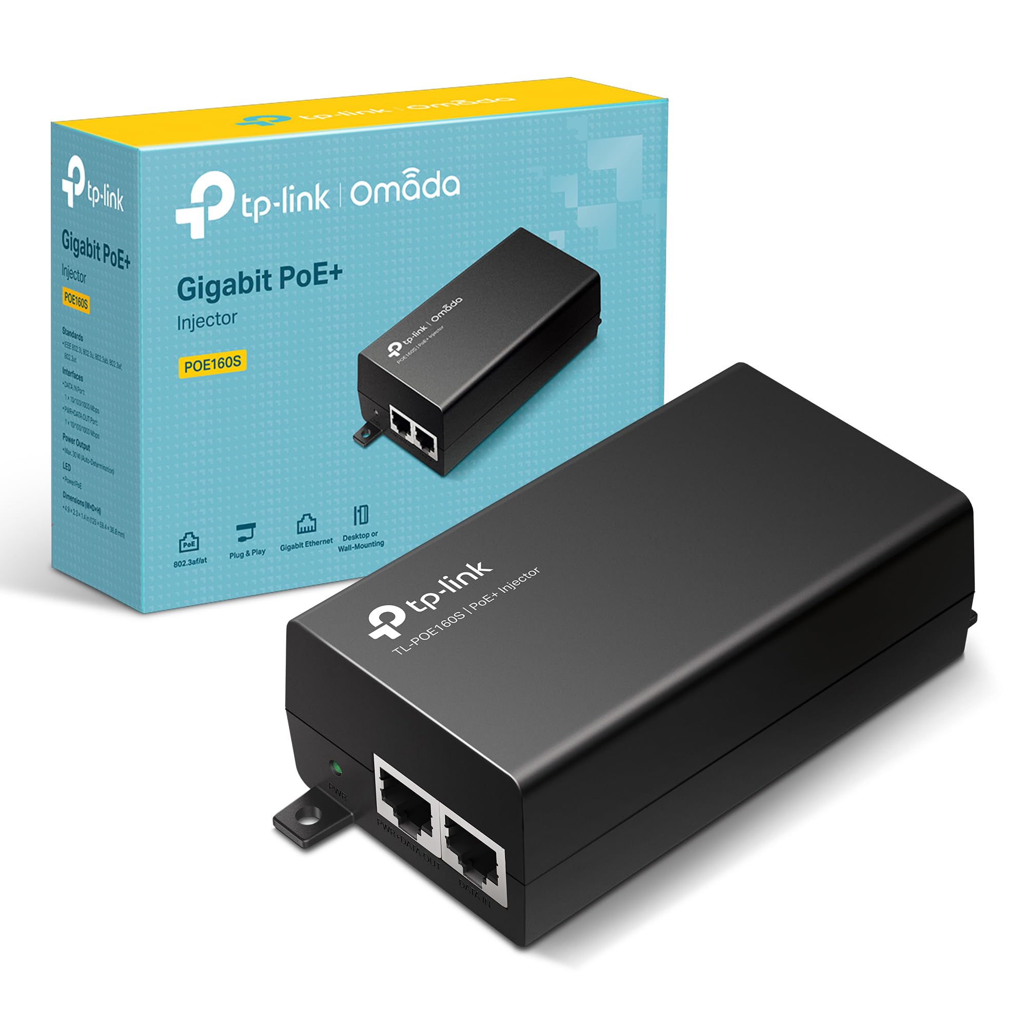 TP-Link POE160S PoE+ Injector, IEEE 802.3af/at, 2× Gigabit Ports, Non-PoE to PoE Adapter, Supplies Up to 30W, Distance Up to 100m, Plug & Play, Wall/Desktop Mount, Idea for AP/IP Camera/IP Phone