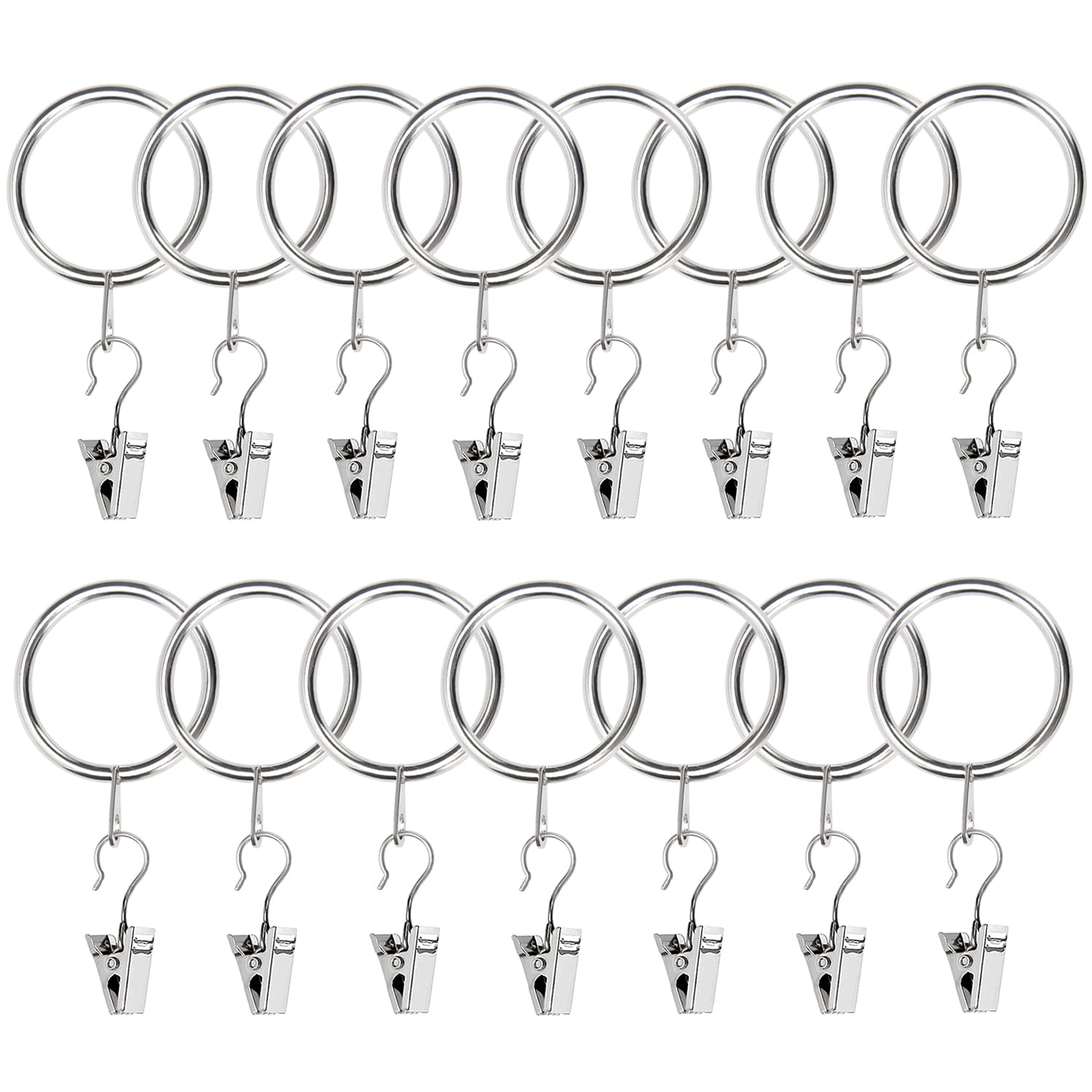 YIXISI 15 PCS Curtain Rod Ring Clips, 32mm Internal Diameter Eyelets, Shower Hook, Hangers, Light Wire Holders for Curtains and Rods (Silver)