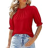CHICZONE Women's Mock Neck Casual Summer Tops Ruffle Short Sleeve Keyhole Back Boho Blouses