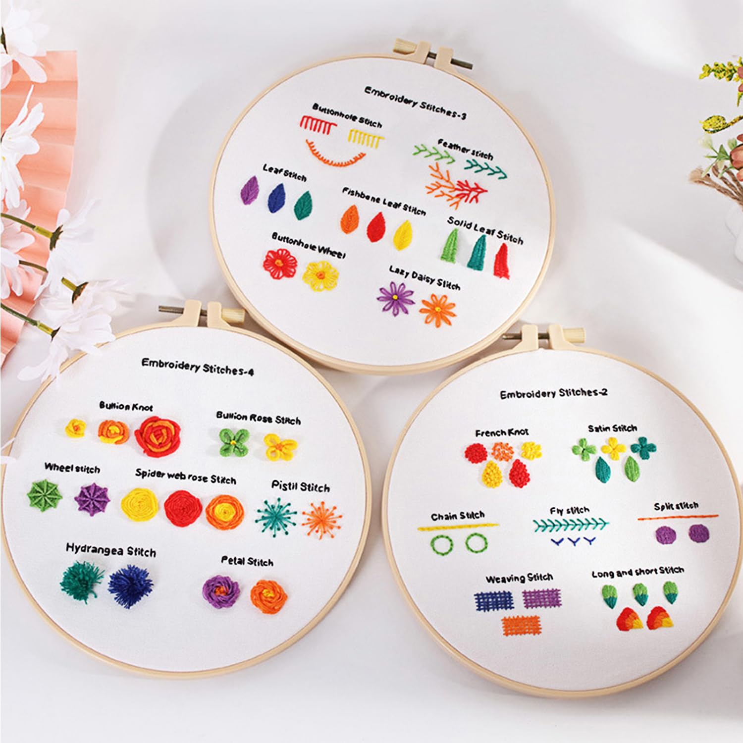 RidaaFri Embroidery Kits for Beginners, Embroidery Stitches Practice Kit, Hand Beginner Embroidery Kit with 23 Different Stitch for Adults and Kids, Includes Bamboo Hoop, Cloth, Needles, Scissors