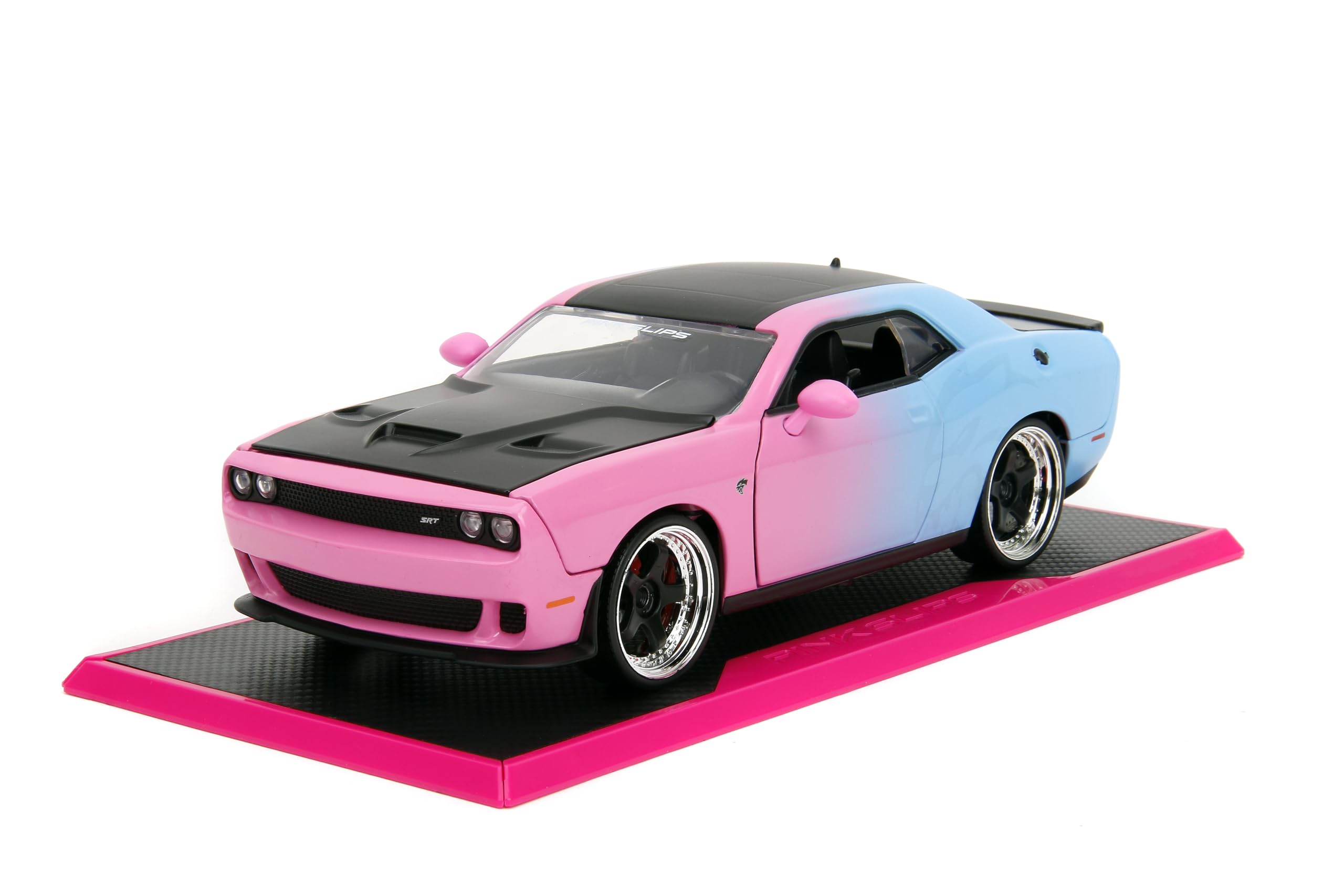 Jada Pink Slips 1:24 W5 2015 Dodge Challenger SRT Hellcat Die-Cast Car w/Base, Toys for Kids and Adults(Pink/Blue Gradient)
