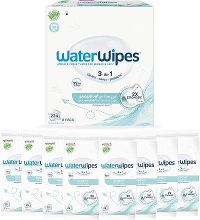 WaterWipes Sensitive+ On-The-Go Wipes 224 Count 8 Packs Unscented