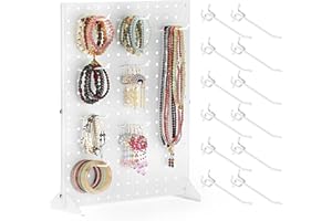 OGANAZI Portable Pegboard Display Stand, Sturdy Metal Peg Board Store Display Pegboard Jewelry Display Stands Tabletop With 12 Hooks for Boutique, Retail Stores, Vendors Events 17'' x 13", White