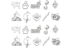 DanLingJewelry 50Pcs 10 Styles Tibetan Silver Cat Charms Antique Silver Animal Pet Cat Fish Bone Paw Prints Charms for Jewelry Making Supplies