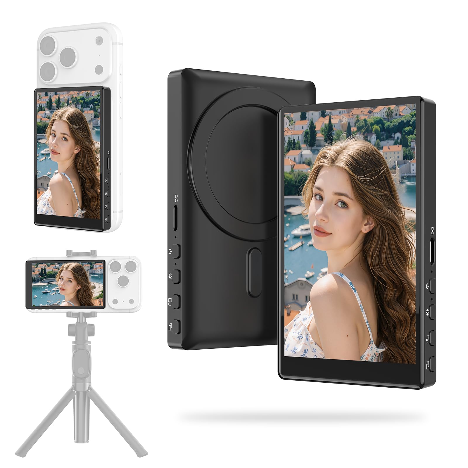 RRWKJ Vlog Screen Selfie Monitor,Wireless Mini Monitor for iPhone/Android Rear Camera with Magnetic Phone Clip Mount,Phone Rear Camera for Selfie Vlog Live Streaming on TikTok,YouTube,Instagram（Black）
