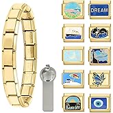 papasgix Italian Charm Bracelet Silver Gold Set with Starter Brascelet, Flowers Assorted Charms and Opening Tools, 9mm Modular Italian Charm Bracelet Links Handmade DIY Jewelry