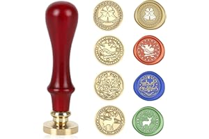 Christmas Wax Seal Stamps Kits,5 Pcs Xmas Wax Sealing Stamps 25mm Removable Sealing Brass Stamp Head and 1pcs Wooden Stamp Ha