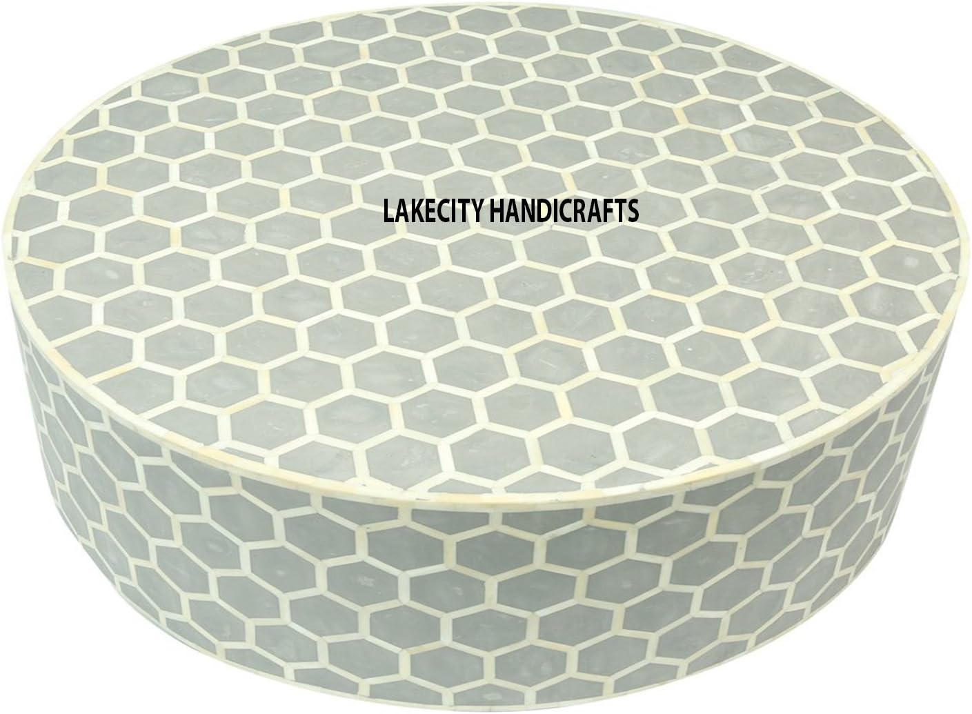 Bone Inlay Coffee Table Round in Grey Honeycomb Design
