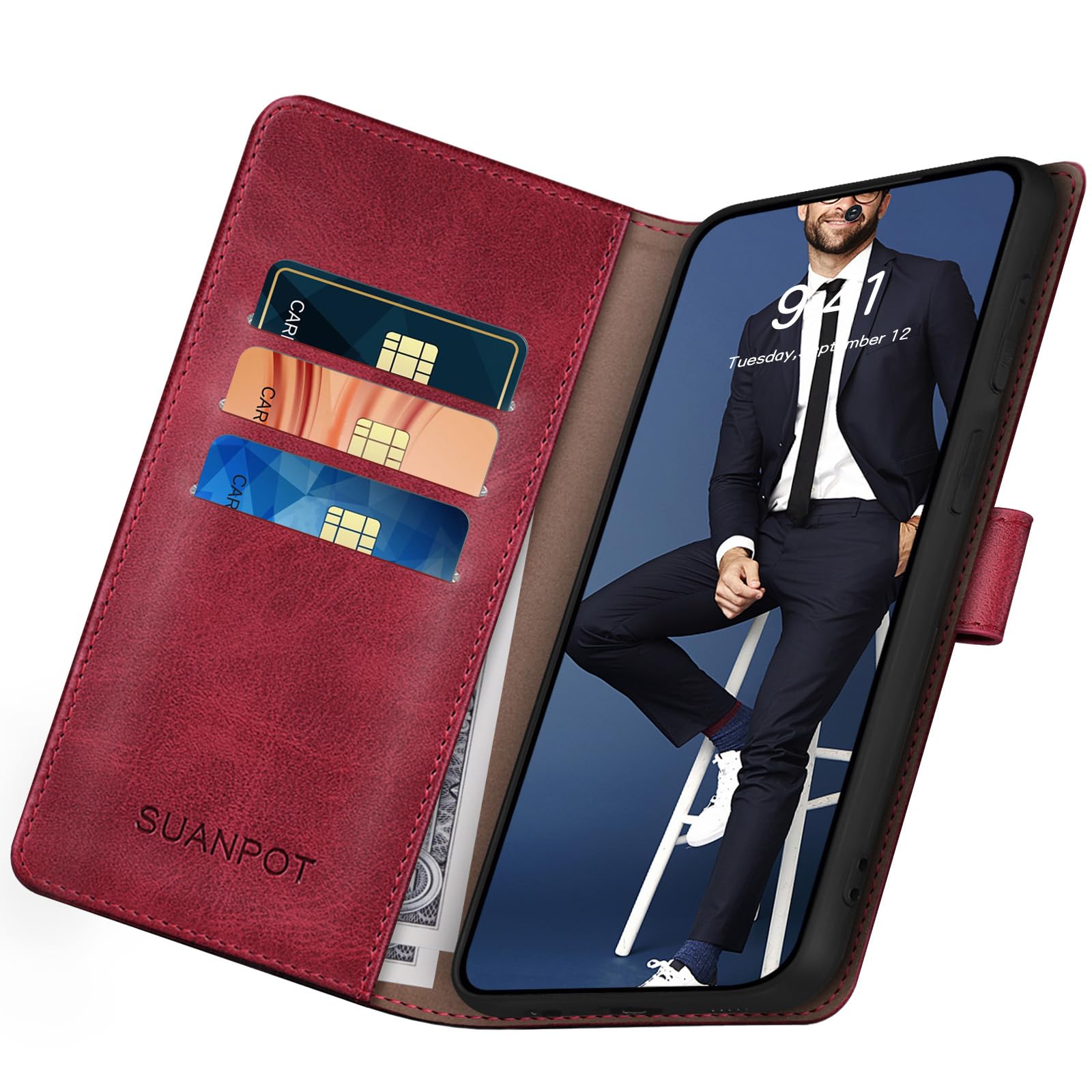 SUANPOT [RFID Schutz für Google Pixel 10 Pro XL Hülle PU Leder Handyhülle Lederhülle Klapphülle Kartenfach Flip Cover für Pixel 10 Pro XL Handy hülle Leather Wallet Phone Case Rot 5