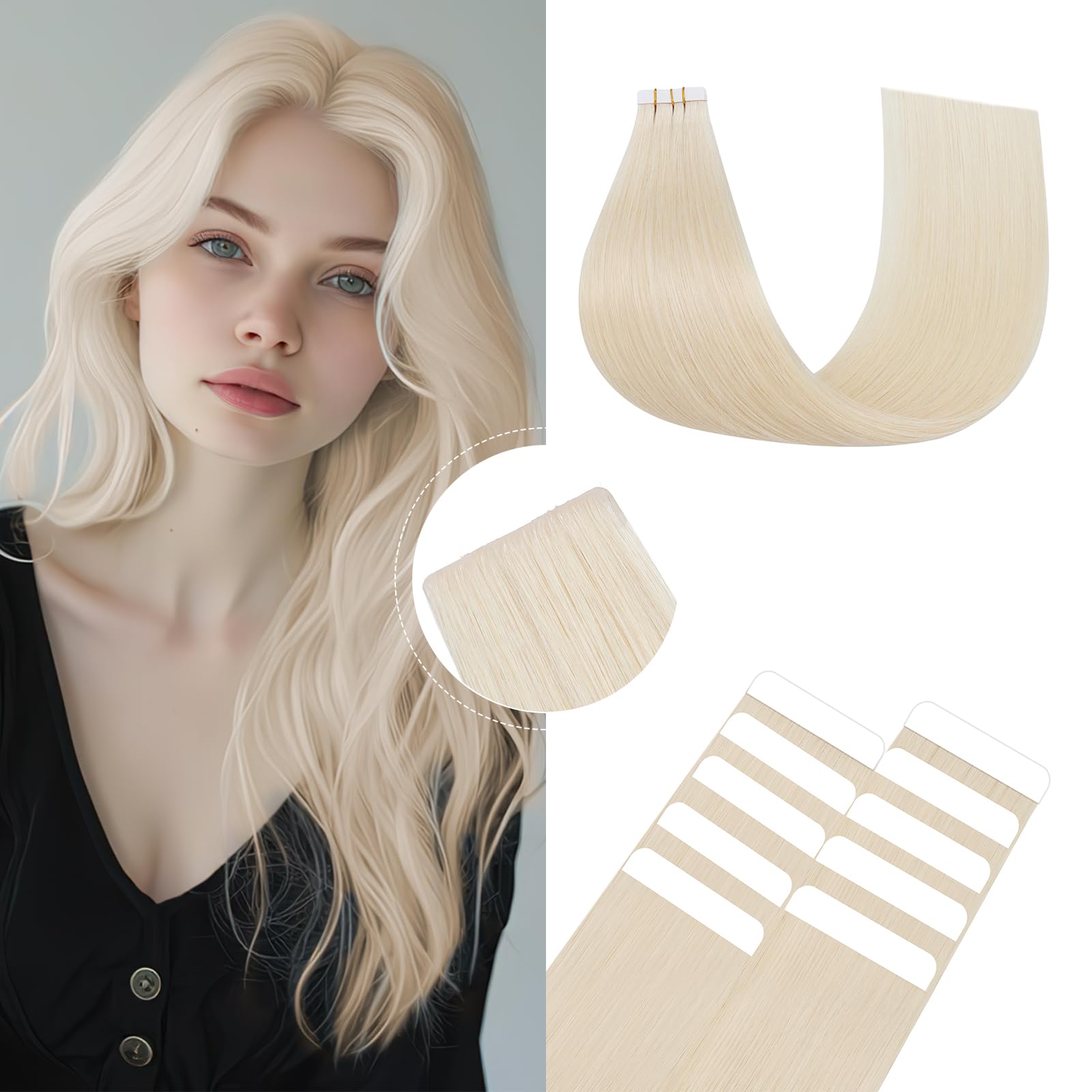 SEGOHAIR Tape in Hair Extensions Human Hair Virgin Hair Pieces Injected Remy Tape Hair Extensions, Invisible Seamless for Women 22" 12.5g 5pcs Platinum Blonde — image 1
