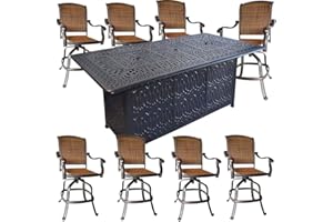 Sunvuepatio 9 Piece Fire Pit Patio Dining Outdoor Bar Set Santa Clara Swivels Barstools Table Cast Aluminum Wicker Furniture.