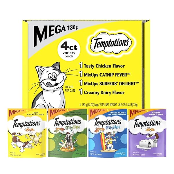 TEMPTATIONS CAT TREATS CLASSIC CRUNCHY AND SOFT CAT TREATS VARIETY PACK, 6.3 OZ. POUCHES (PACK OF 4)
