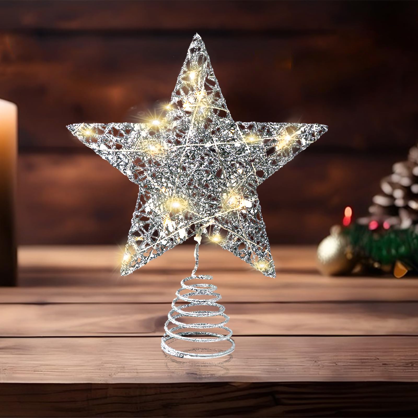 Glitter Christmas Tree Topper Decorations, Christmas Tree Star Topper Xmas Hollow Star Treetop Toppers with LED Lights Treetop Ornaments for Christmas Tree Holiday Decorations