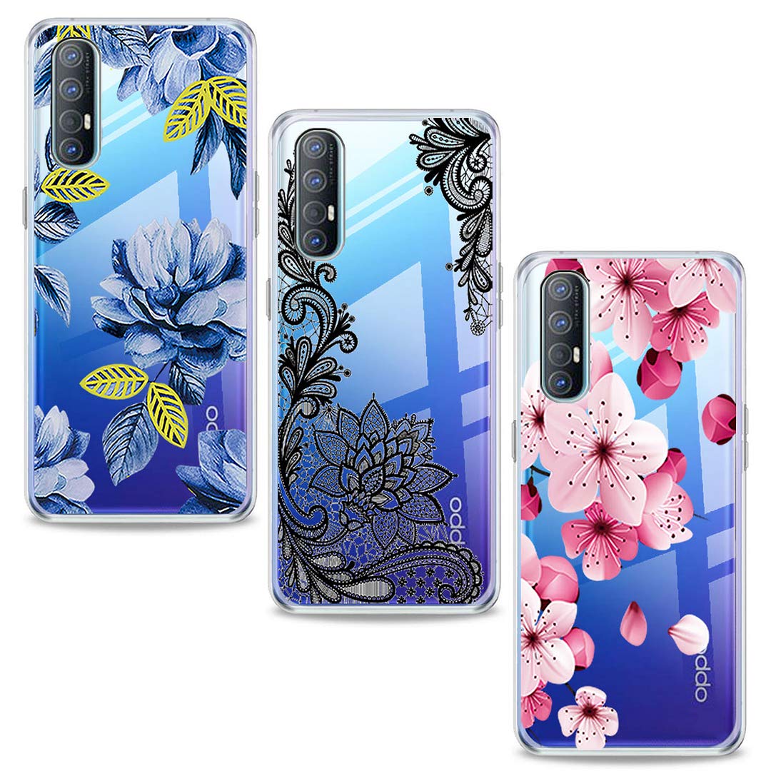 SCDMY For Oppo Find X2 Neo Case [Pack of 3] Soft Silicone Mobile Phone Case, Ultra Thin Shockproof Protective Case, Transparent TPU Case for Oppo Find X2 Neo (6.5 Inches) - Red Flower + Blue Flower + Black Flower
