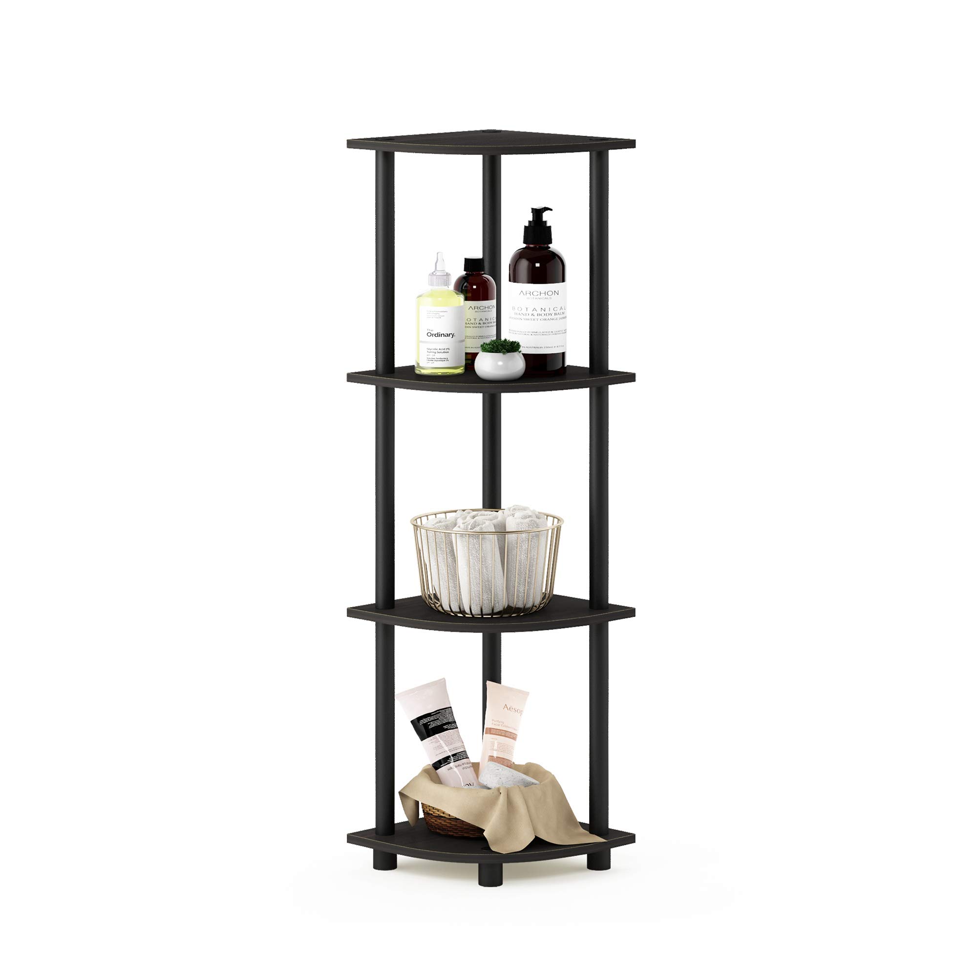 Furinno TURN-N-TUBE Corner Shelf, 4-Tier Corner Bookshelf, Display Storage Shelves with Open Shelves, for Organization and Storage, Living Room, Home Office, Garage, Espresso
