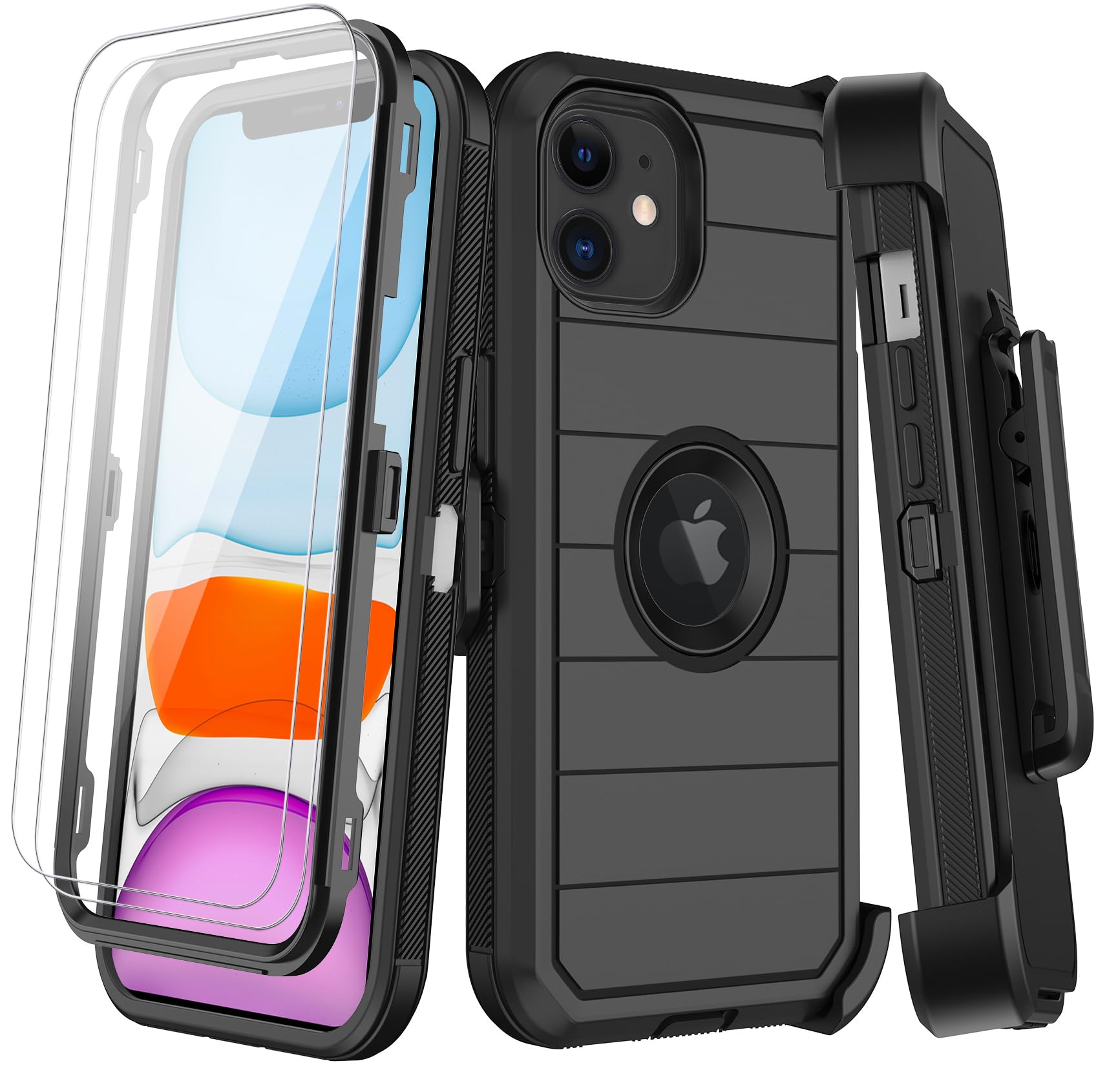 KECAI for iPhone 11 Case with Belt Clip Holster,2X Screen Protector,Heavy Duty Shockproof Drop Protection Military Grade Durable Full Body Phone Cover with Kickstand for Apple iPhone 11 Black
