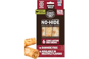 Earth Animal No Hide Chews - Long Lasting Rawhide Free Medium Dog Chews Rolls, Beef - 6 Count