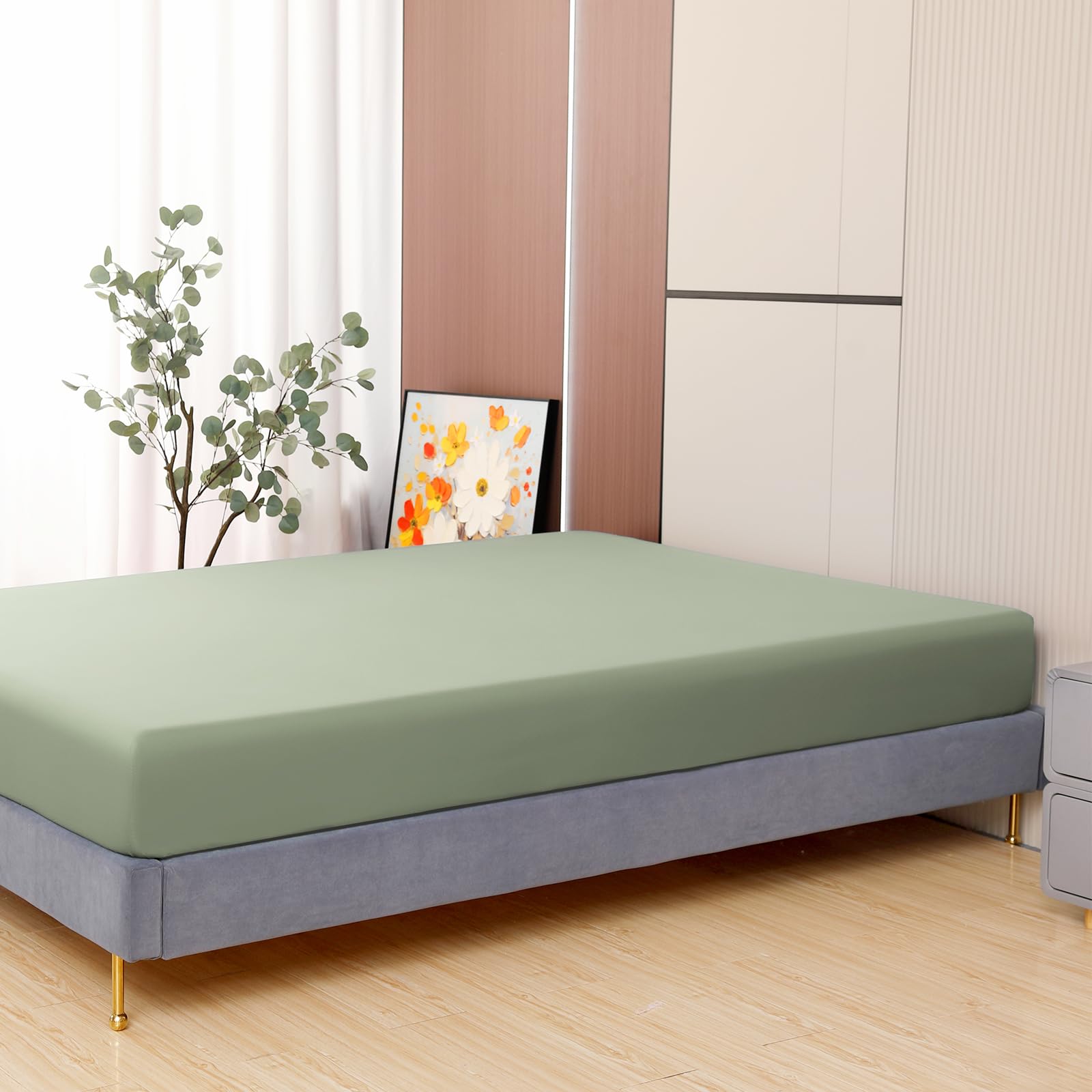 Photo 1 of Toodou Sage Green Twin Fitted Sheet is Made of Brushed Microfiber for Ultimate Comfort-The Mattress Covers Have Superior Breathability and Softness Compared