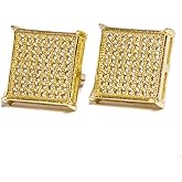 Large 14K Yellow Gold Plated 925 Sterling Silver Screw Post Mens Canary Yellow 5A Cz Cubic Zirconia Hypoallergenic Big Square Flat Screen Iced Hip Hop Micro Pave Ice Out Stud 14mm Earrings For Men