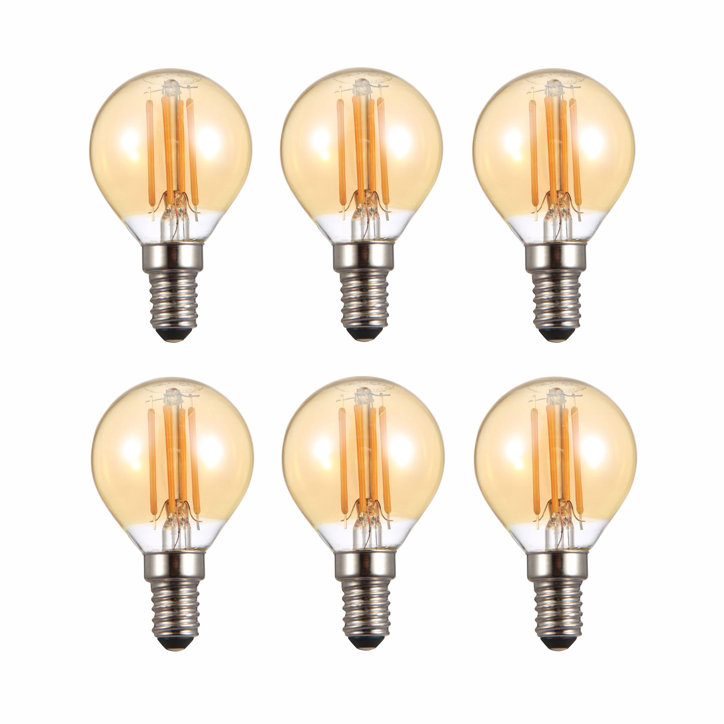 TEKLED® P45 Golf Ball Filament Vintage LED Bulbs | E14 Small Edison Screw | Energy Saving 4W Light Bulb 35W Equivalent | NONDIMMABLE Amber 2500K 410LM | 6-Pack | Warm White